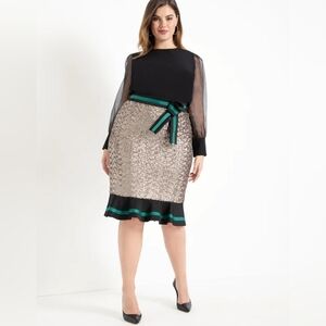 NEW Eloquii Sequin Midi Skirt Gold Black Green Size 22 Tulip Style Champagne‎